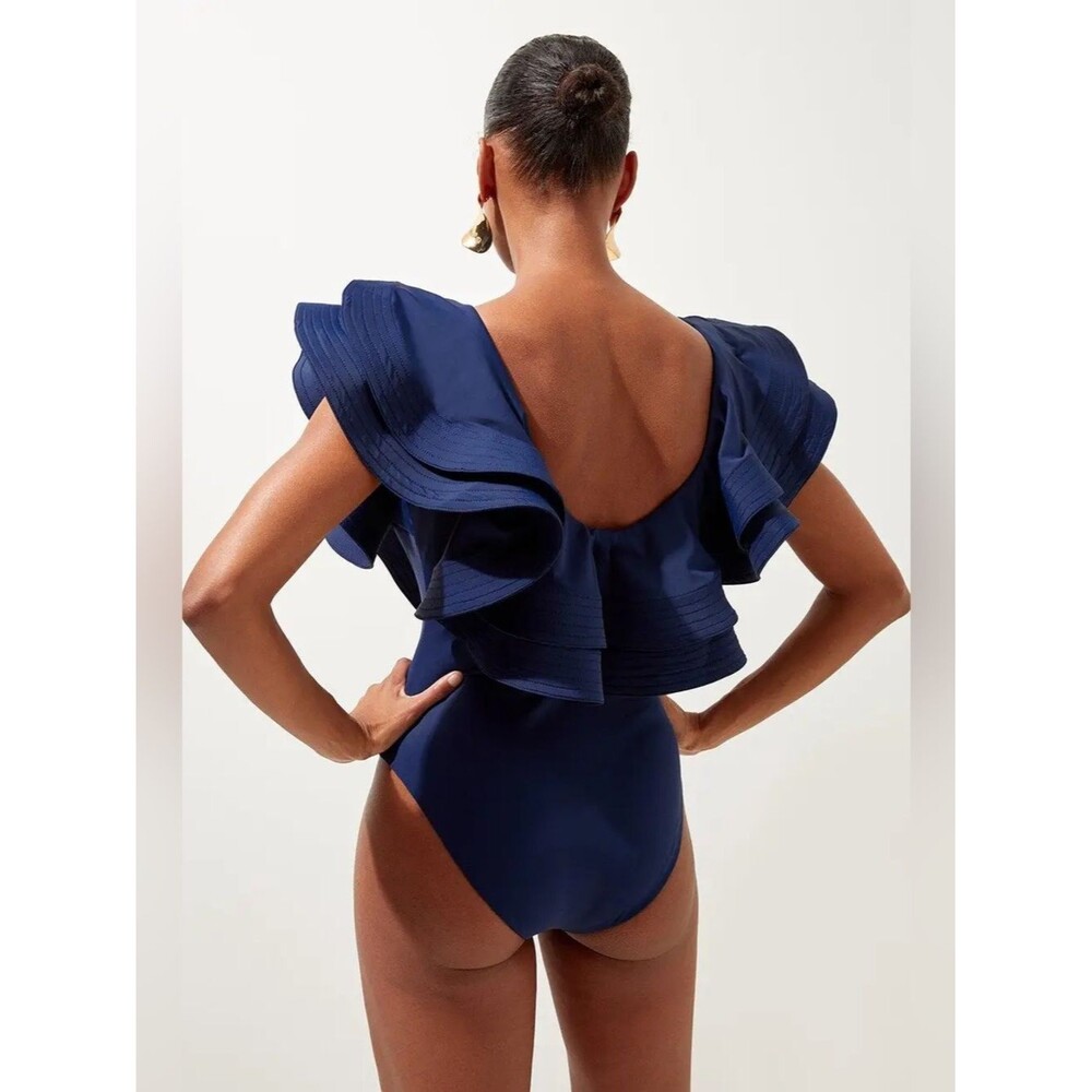 Karen Millen Drama Frill Swimsuit Navy One Piece Ruffle Luxury Swimwear Size M - Picture 3 of 7